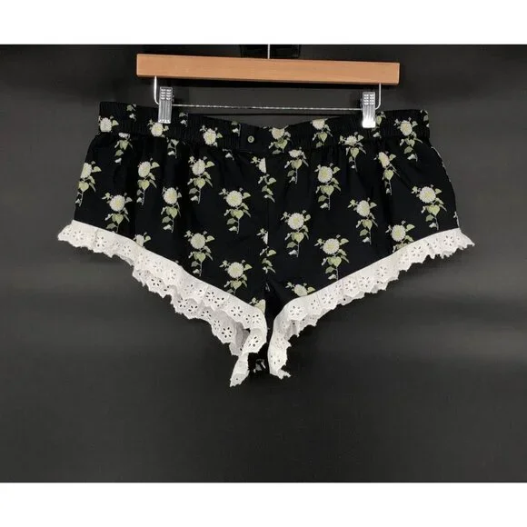 Anthropologie Womens Eyelet Micro Shorts L Black Floral Pajama Shorts Loungewear - Picture 2 of 10
